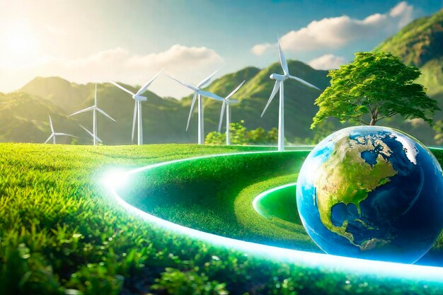 Clean electric energy from renewable sources sun and wind Eco friendly sustainable renewable