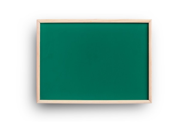 Clean, empty green chalkboard with frame isolated on white.