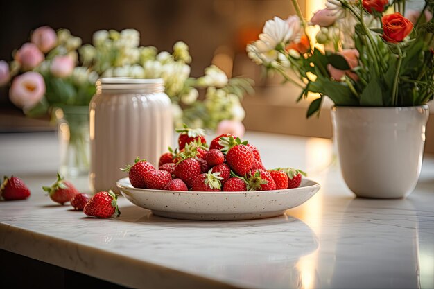 Clean and empty marble countertop beige vintage kitchen furniture with lots of flowers and bowl