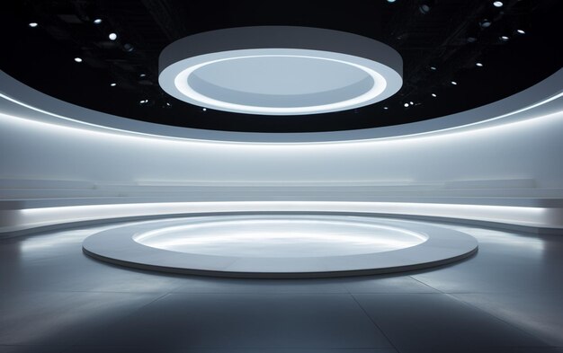 Photo a clean empty white circular stage with lighting down below and a ceiling filled