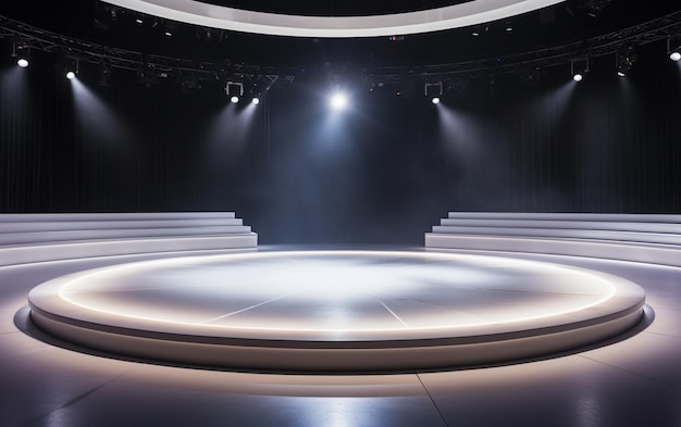 A clean empty white circular stage with lighting down below and a ceiling filled