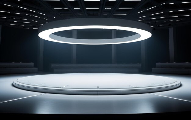 A clean empty white circular stage with lighting down below and a ceiling filled