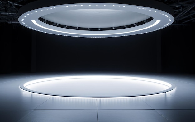 A clean empty white circular stage with lighting down below and a ceiling filled