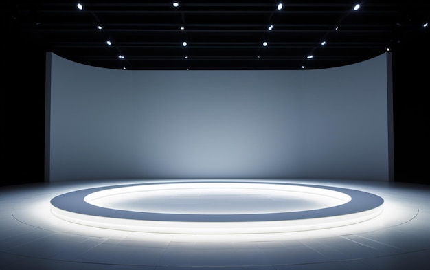 A clean empty white circular stage with lighting down below and a ceiling filled