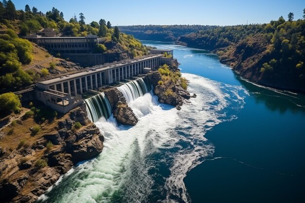 Фото Чистая энергия от гидроэлектростанции на плотине из воды вниз по течению генеративный ии