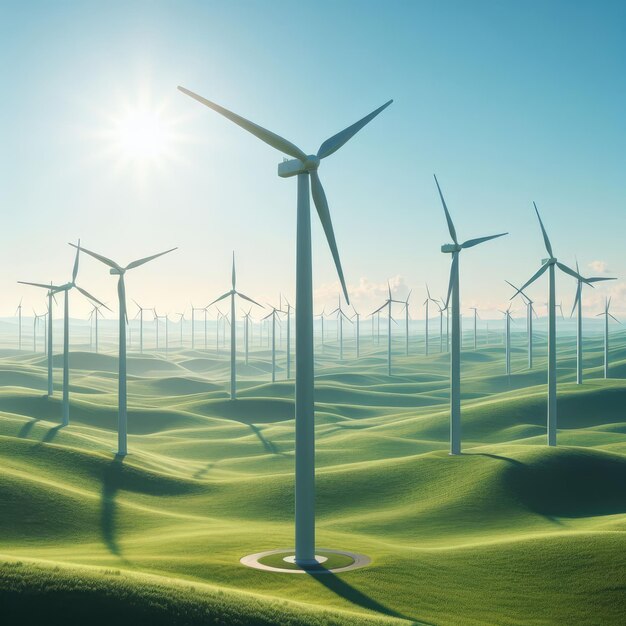 대체 전기의 깨한 에너지 원천 풍력 터빈은 광활한 초원에서 작동하고 있습니다.