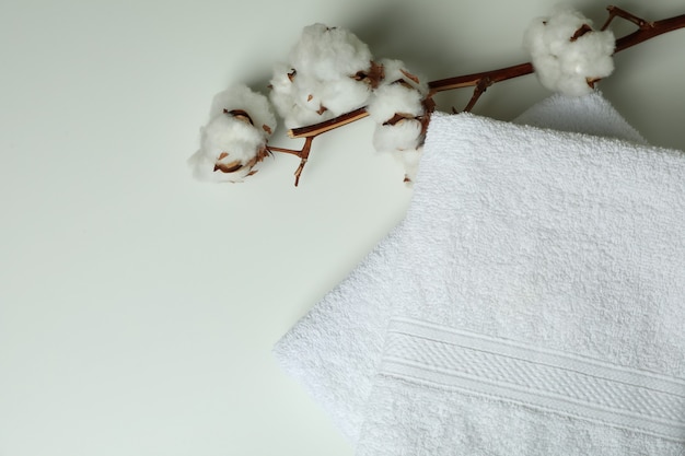 Clean folded towels and cotton on white