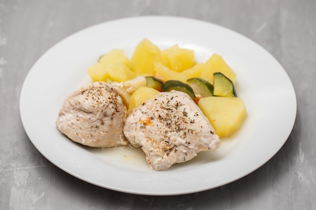 Clean food Boiled chicken breasts with vegetables