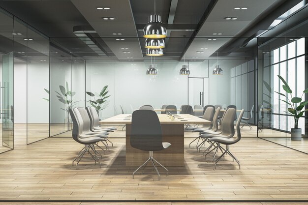 Clean glass meeting room interior with panoramic windows and city view wooden flooring 3D Rendering