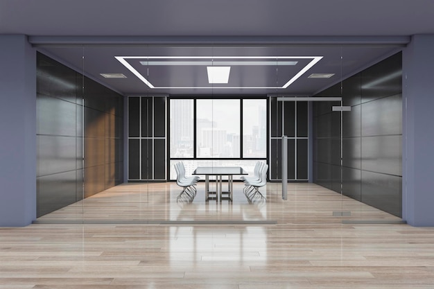 Clean glass partition meeting room interior with wooden flooring furniture and equipment 3D Rendering