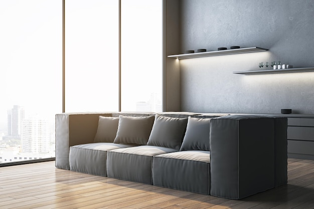 clean gray couch in kitchen with panoramic window and city view 3d rendering