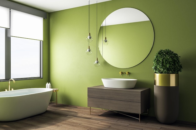 Чистый зеленый интерьер ванной комнаты