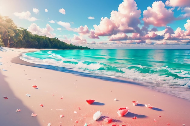 緑色の海の水 砂浜の美しい海岸線 景色の壁紙 背景の青い空