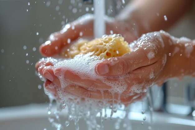 Clean Hands Person Washing Hands Under Running Water from Faucet in Bathroom