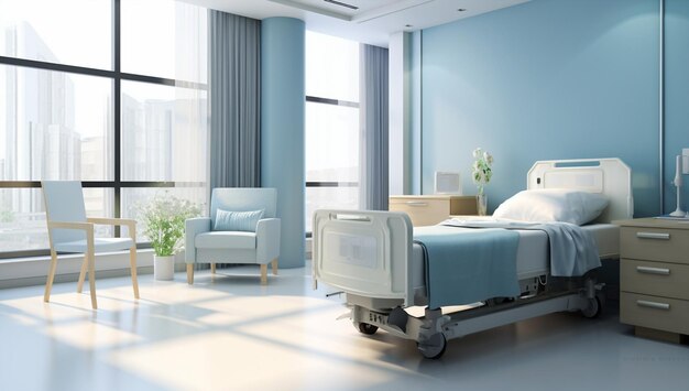 Clean health medicine doctor empty treatment room clinical help recovery ward bed equipped disease care interior sterile hospital patient emergency nobody sick comfortable