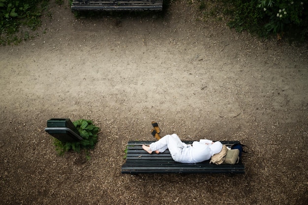 Clean homeless on the bench