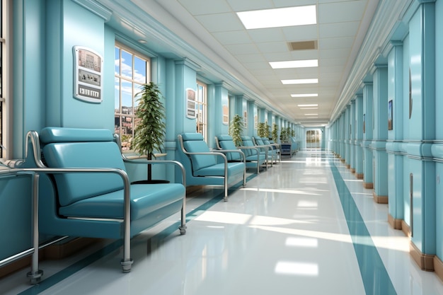 Clean hospital corridor lined with rooms and blue seating