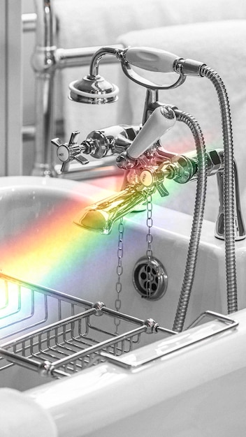 Pulisci il bagno dell'hotel con lo sfondo del cellulare arcobaleno