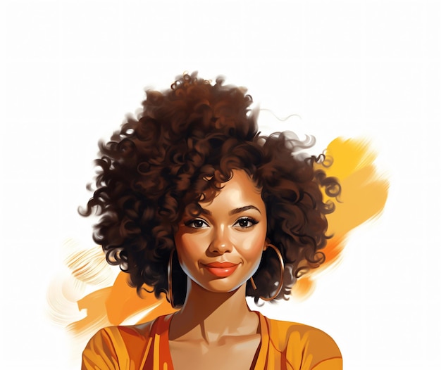 A clean illustration of an AfroAmerican woman aged 3035 with long thin hair smiling looking at the c