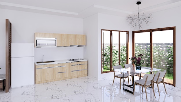 Clean kitchen and dining area overlooking the backyard