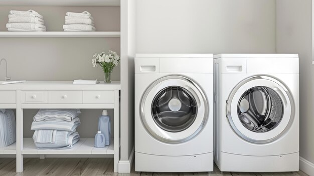 Photo clean laundry space with white appliances a white desk blue and white items