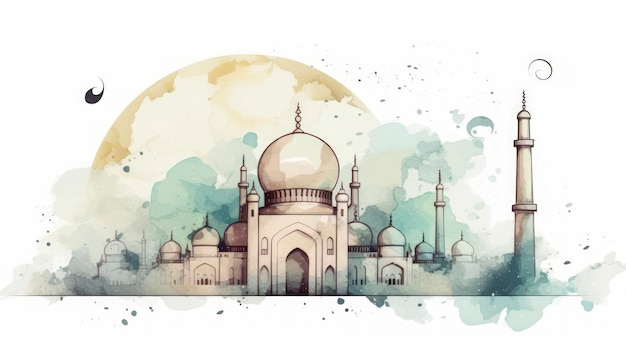 Clean Lines Mosque and Crescent Moon Illustration on White Background Generative AI