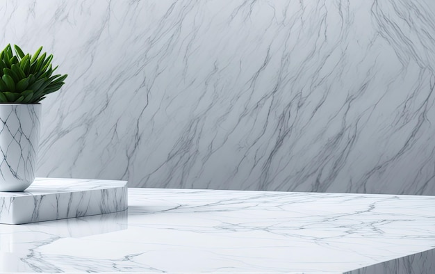 A clean marble table with a dark vase with a plant and a marble background