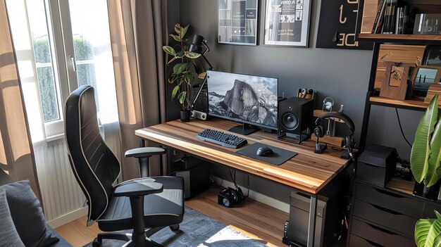 A clean and minimal home office setup with a large wooden desk a comfortable black chair and a plant