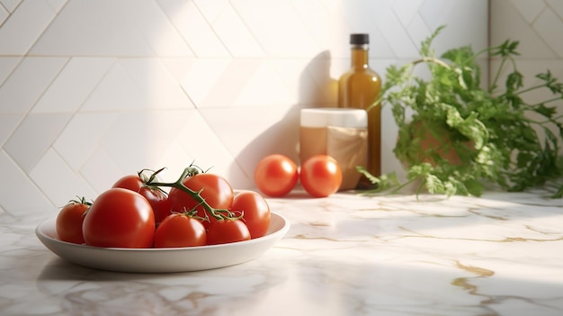 Clean minimal white marble kitchen countertop with tomatoes Generative AI