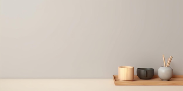 Clean minimalism background with cups on wooden tray at the corner Created with Generative AI technology