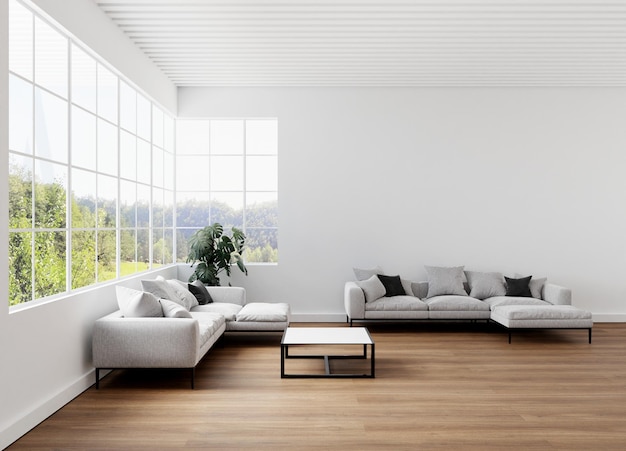 Clean minimalist apartment with white wall and grey sofa 3d rendering