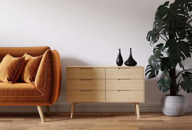 Foto camera pulita e minimalista con divano marrone, pavimento in legno e pianta. rendering 3d