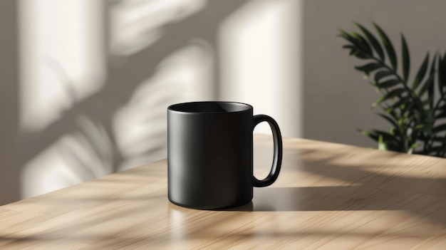 Clean and modern black mug mockup on a minimalist table