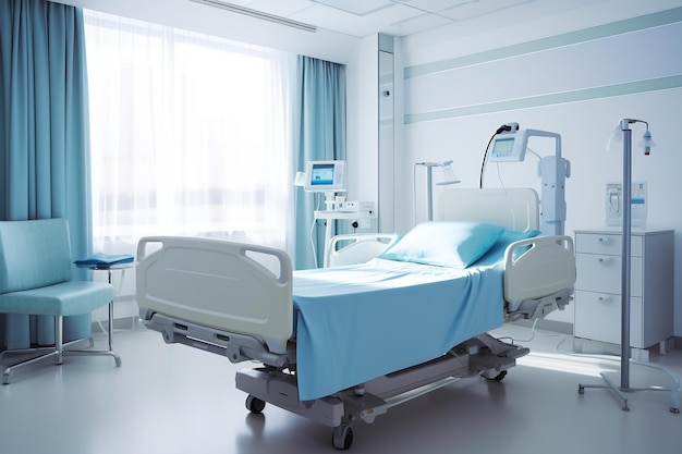 침대 및 기타 장비를 갖춘 깨끗하고 현대적인 병실 Generative Ai
