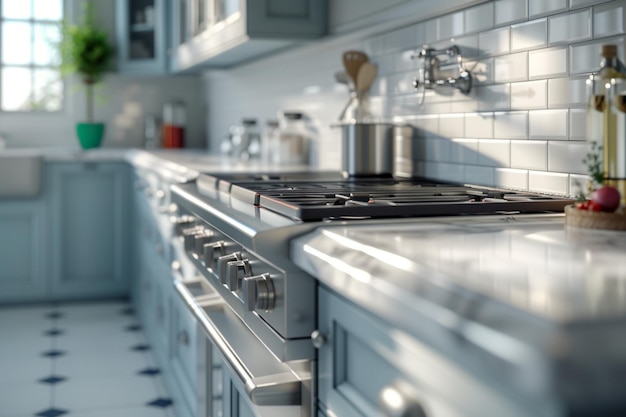 Clean and modern kitchen scene featuring stainless steel fixtures