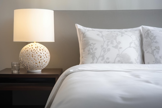 麗な白いベッド 灰色の枕 木製のベッドサイドテーブル 人工知能が生成した