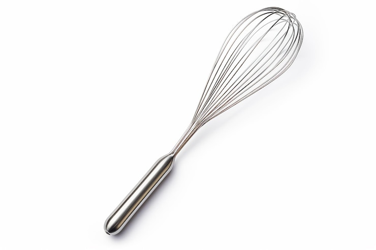 Photo clean new steel whisk isolated on white background