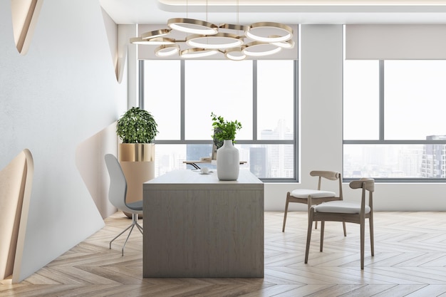 Clean office interior with wooden flooring desk equipment and city view 3D Rendering