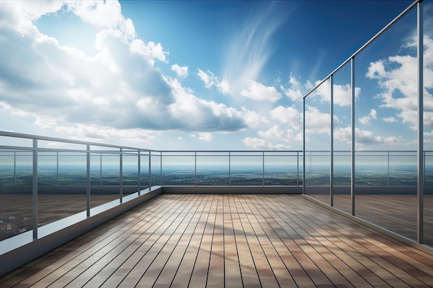 Clean open air balcony with a blank mock up space for your advertisement a panoramic view of the sky and clouds and daylight