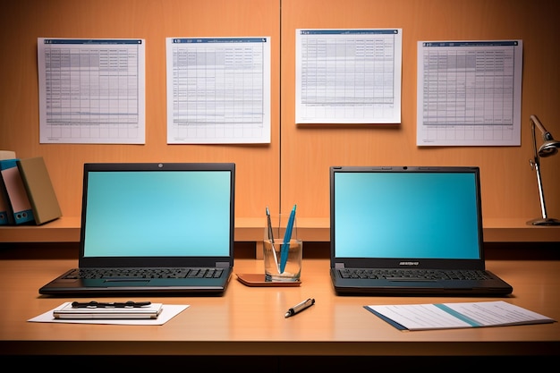 Photo clean and organized desk setup with dual monitors and desk lamp