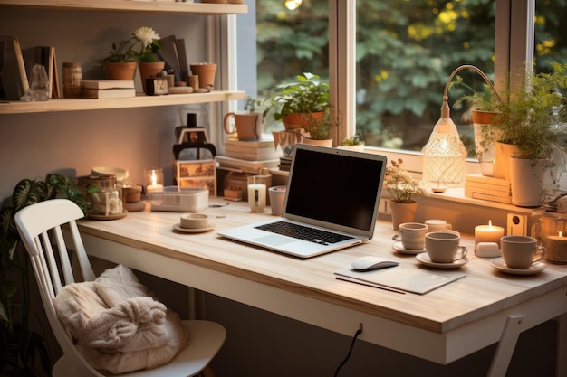 Foto spazio di lavoro domestico pulito e organizzato con una scrivania priva di disordine