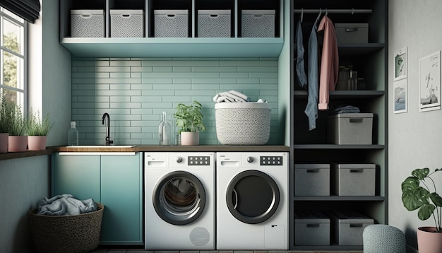 A Clean And Organized Laundry Room With All Items In Their Place Generative AI