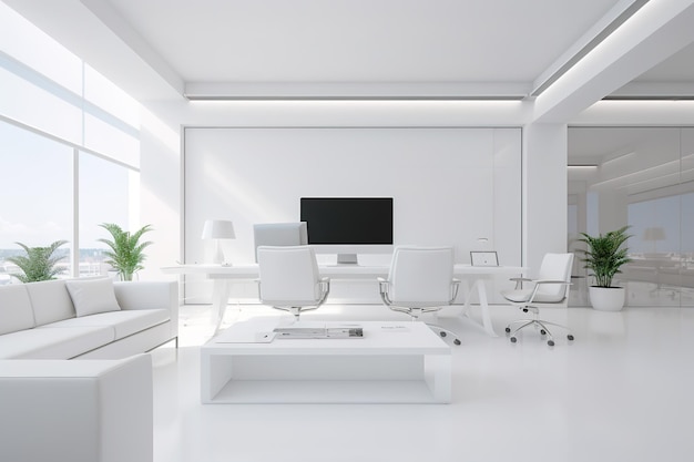 清潔で整理された白いオフィスのインテリアとモックアップの壁のデザイン Generative Ai