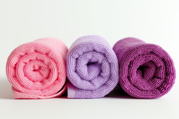 Photo clean pink and purple towels on a white insulated background