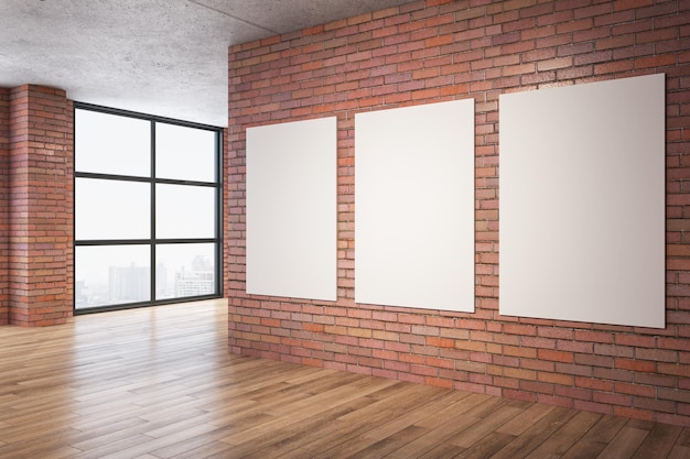 Clean red brick room with three blank banners on wall