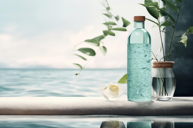 Clean and refreshing reusable water bottle mockup teal bubble blank drink container on seaside view