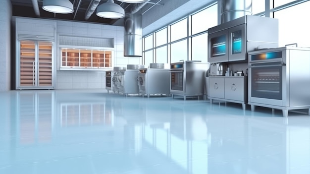 clean resin vinyl floor in commercial professional bakery kitchen and stainless steel convection