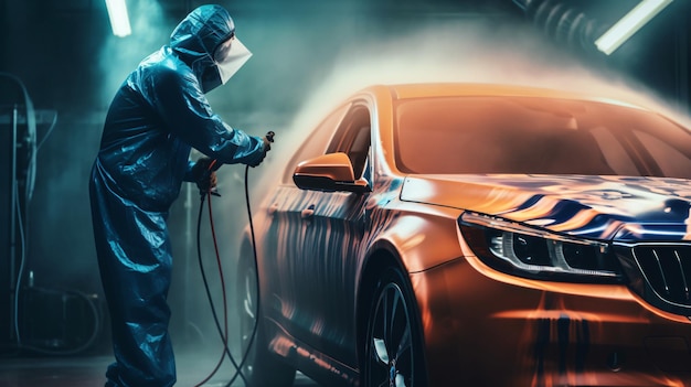 Clean and Safe A Professional Man in Blue Suit and Mask Washing a Car with Precision using GenerativeAI