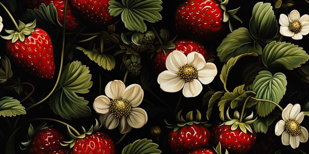 꽃 장식 을 가진 깨 한 무 없는 반복적 인 딸기 패턴