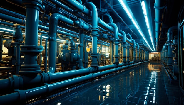 Clean shining interior of the plant Thick blue pipes system lit with neon light Generative AI